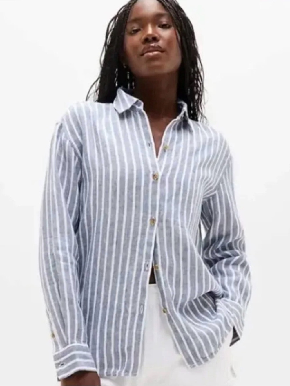 NWT Athleta  Retreat Linen Shadow Blue Striped Shirt Size Small